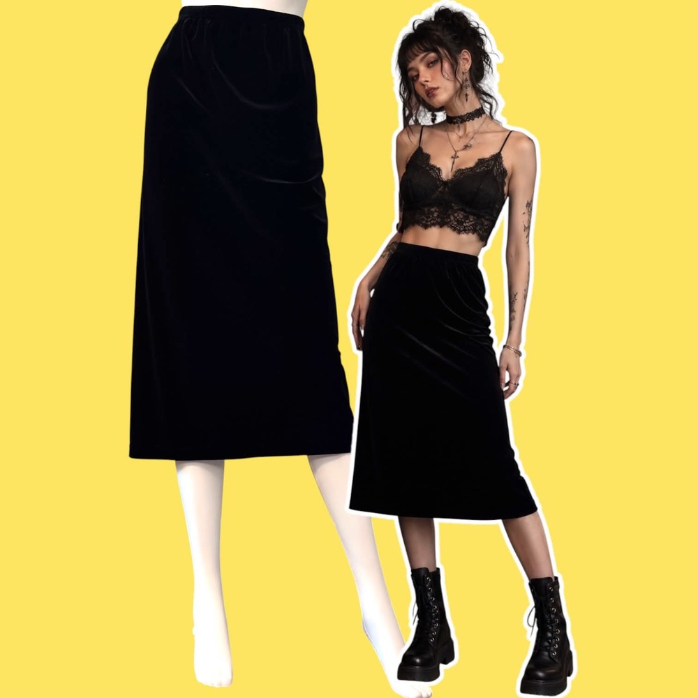 Vintage Black Velvet Midi Skirt Size XL Elastic Waist Minimalist Soft Goth 90s